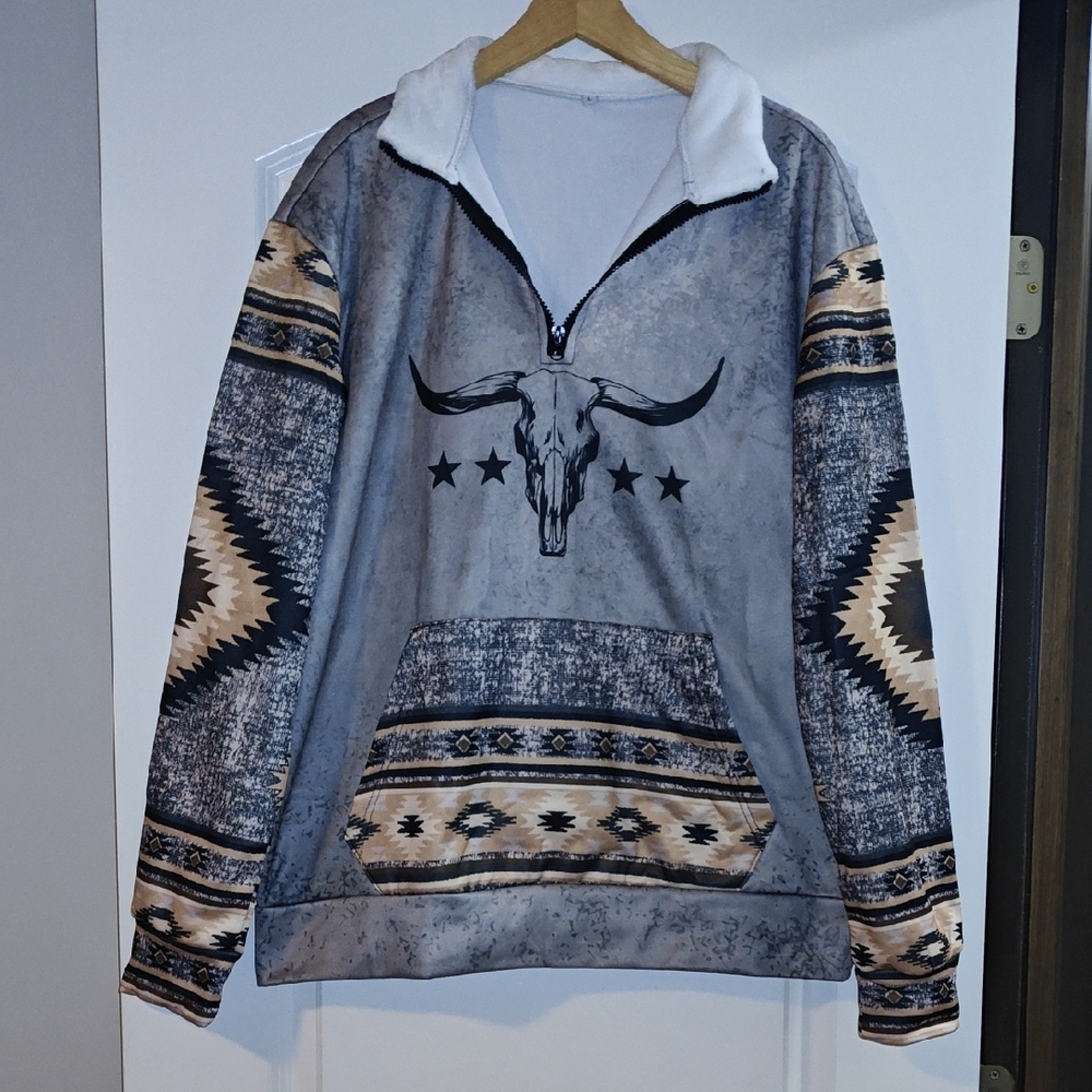 Aztec Print Pullover with Bull Skull Design